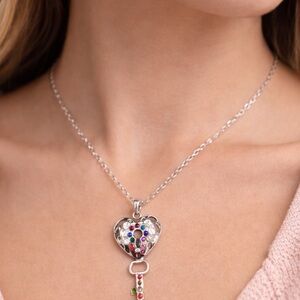 Heart Key Necklace Rhinestone Pendant Silver Tone Multi Color Crystal  Necklace